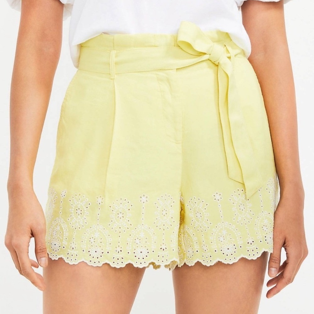 LOFT NWT Eyelet‎ Hem Tie Waist Shorts Women's Medium Yellow Cotton Summer